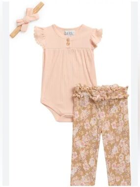 Nicole Miller Ruffle Bodysuit, Floral Leggings & Headband Set 6-9m